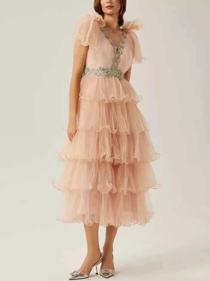 Crystal-Embellished V-Neck Tiered Tulle Midi Dress in Pink - Dresses