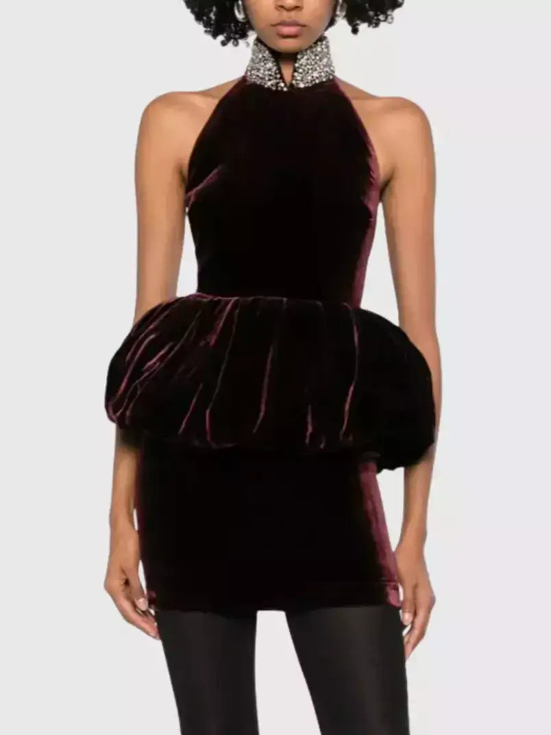 Crystal-Embellished Velvet Peplum Mini Dress - Dresses