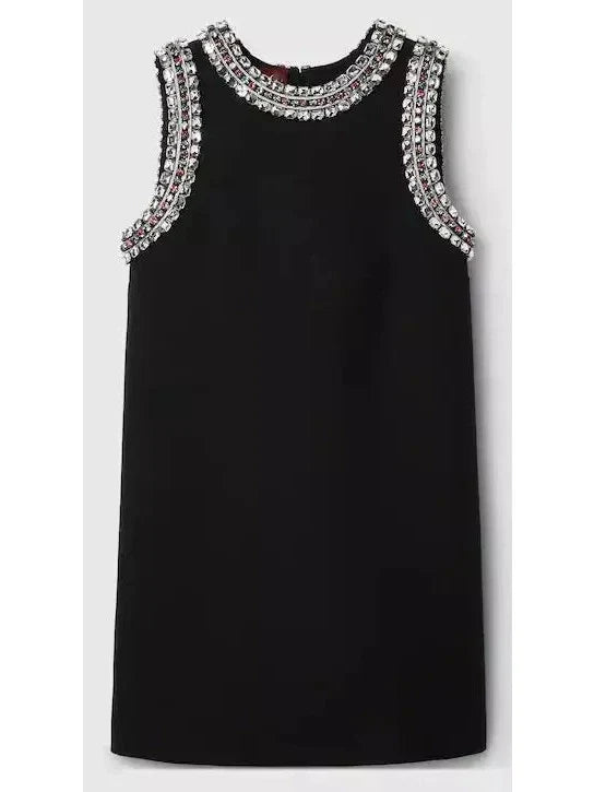 Crystal-Embroidered Black Mini Dress - Dresses