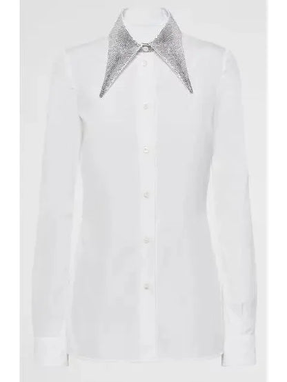 Crystal Embroidered Collar Poplin Shirt - Tops