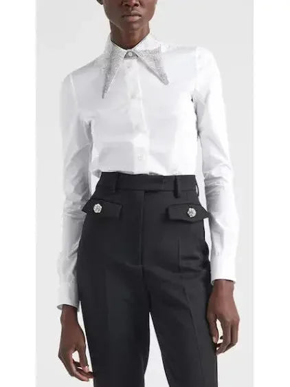 Crystal Embroidered Collar Poplin Shirt - Tops