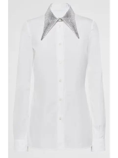 Crystal Embroidered Collar Poplin Shirt - Tops