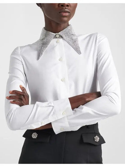 Crystal Embroidered Collar Poplin Shirt - Tops