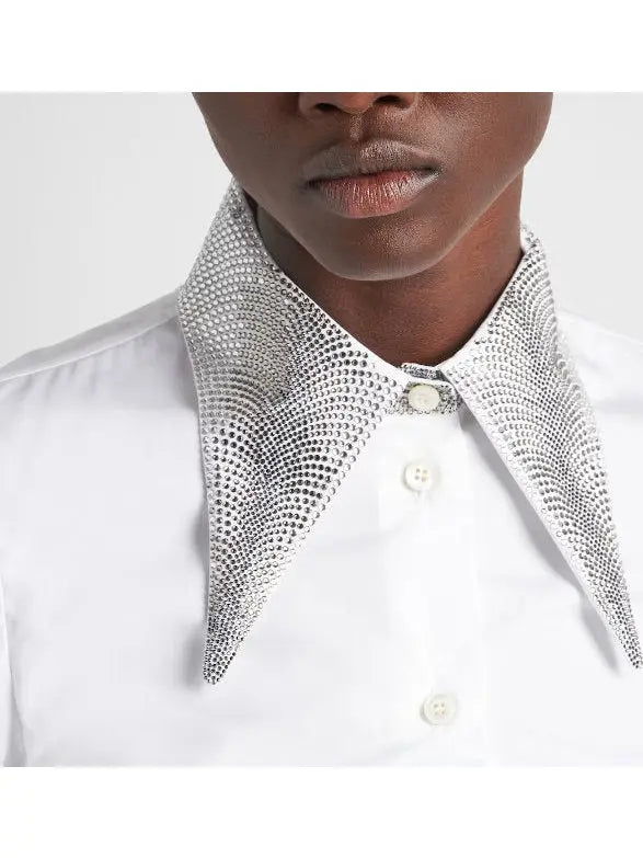 Crystal Embroidered Collar Poplin Shirt - Tops