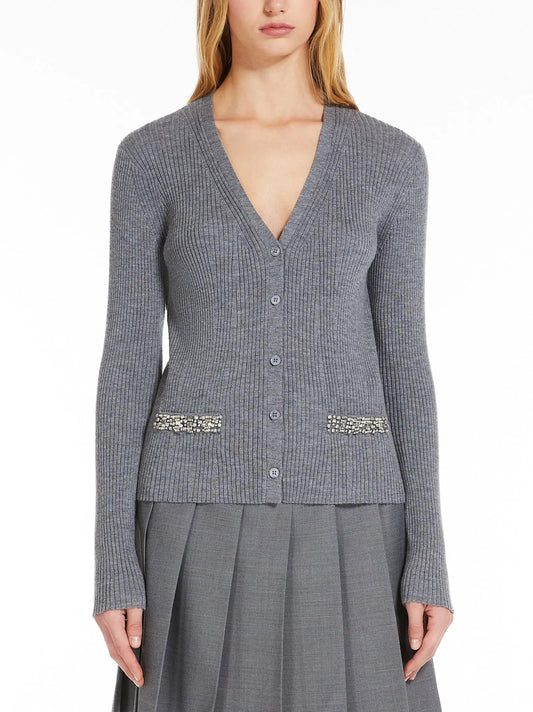 Crystal Embroidered Ribbed Cardigan in Grey - Sweaters & Knitwear