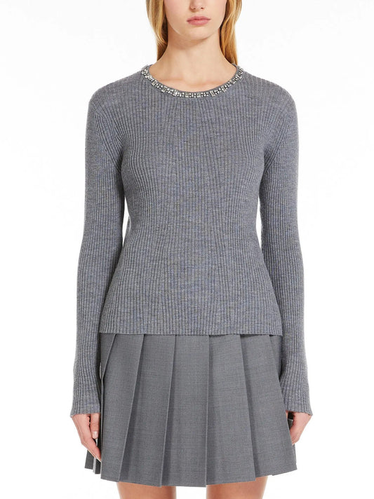 Crystal Embroidered Ribbed Sweater in Grey - Sweaters & Knitwear