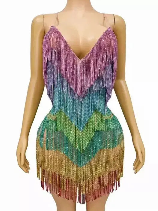 Crystal Fringe Mini Dress in Multicolor - Dresses