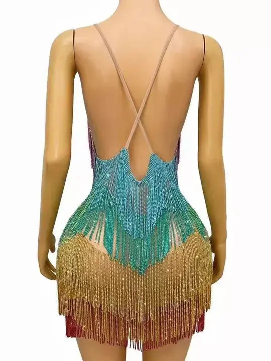 Crystal Fringe Mini Dress in Multicolor - Dresses