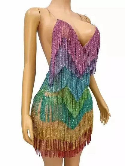 Crystal Fringe Mini Dress in Multicolor - Dresses