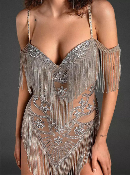 Crystal Fringed Embellished Nude Mesh Jumpsuit - Suits & Sets