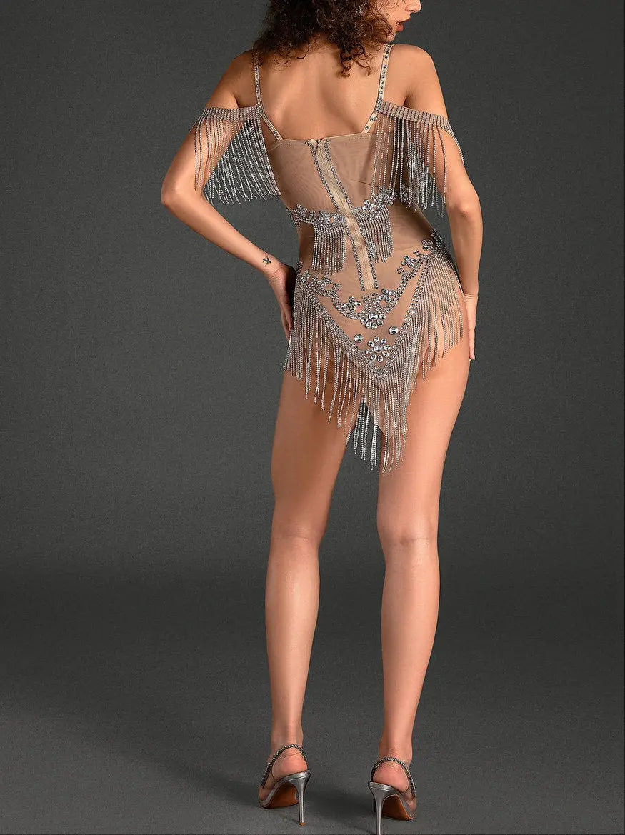 Crystal Fringed Embellished Nude Mesh Jumpsuit - Suits & Sets