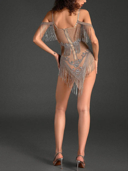 Crystal Fringed Embellished Nude Mesh Jumpsuit - Suits & Sets