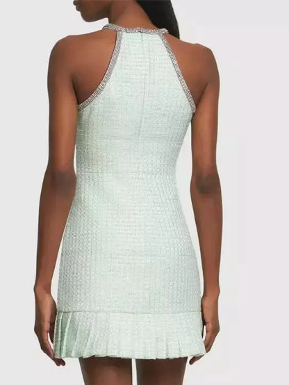 Crystal Halter-Neck Embellished Mint Green Boucle Mini Dress - Dresses