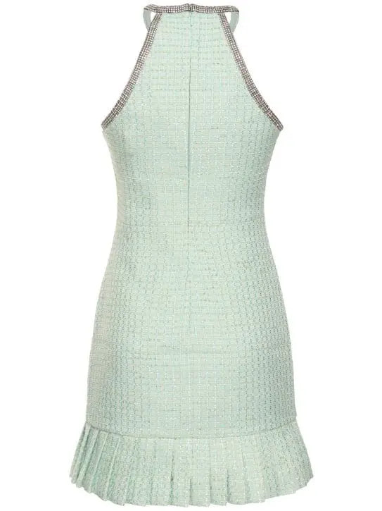 Crystal Halter-Neck Embellished Mint Green Boucle Mini Dress - Dresses