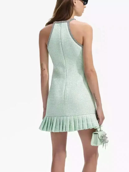 Crystal Halter-Neck Embellished Mint Green Boucle Mini Dress - Dresses