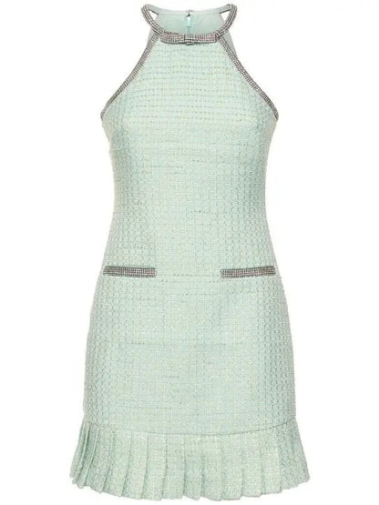 Crystal Halter-Neck Embellished Mint Green Boucle Mini Dress - Dresses