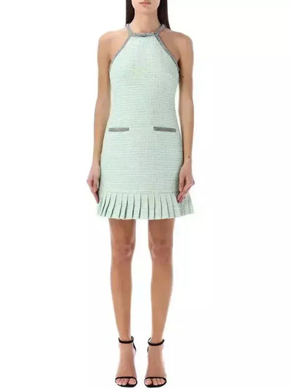 Crystal Halter-Neck Embellished Mint Green Boucle Mini Dress - Dresses