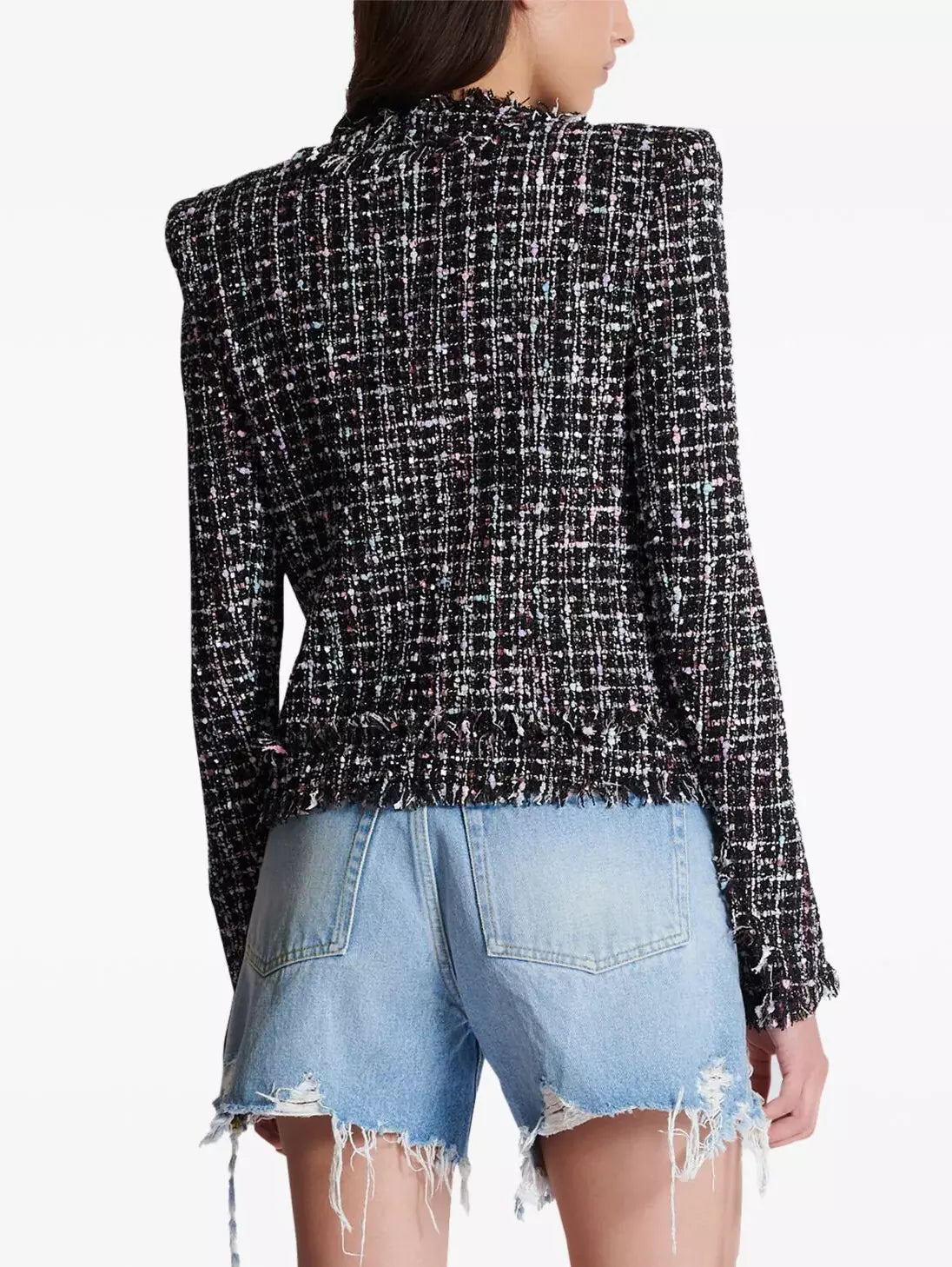 Crystal Patch Embellished Tweed Collarless Jacket - Jackets