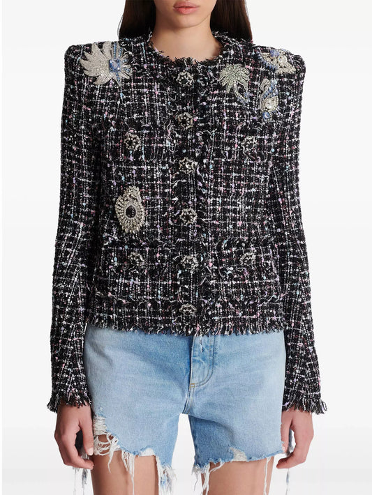 Crystal Patch Embellished Tweed Collarless Jacket - Jackets