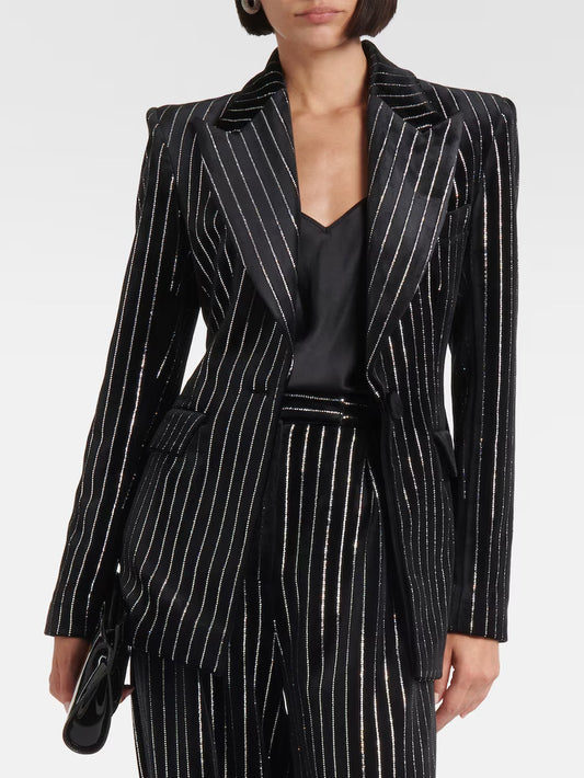 Crystal Pinstripe Black Velvet Single-Breasted Blazer - Jackets