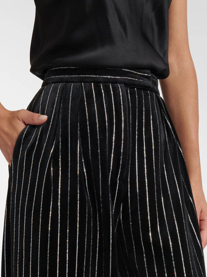 Crystal Pinstripe Black Velvet Straight Leg Pants - Jeans & Pants