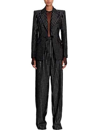 Crystal Pinstripe Black Velvet Straight Leg Pants - Jeans & Pants