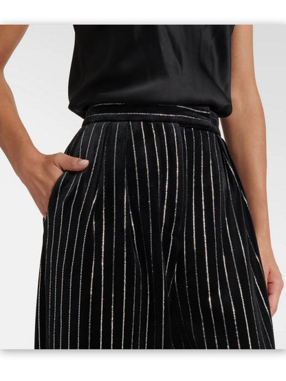 Crystal Pinstripe Black Velvet Straight Leg Pants - Jeans & Pants