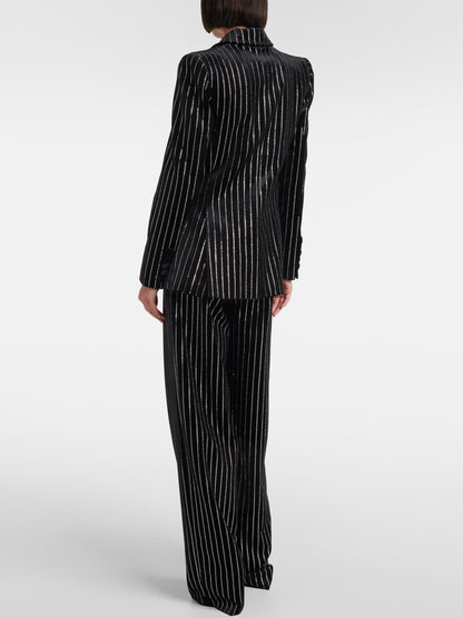 Crystal Pinstripe Black Velvet Straight Leg Pants - Jeans & Pants