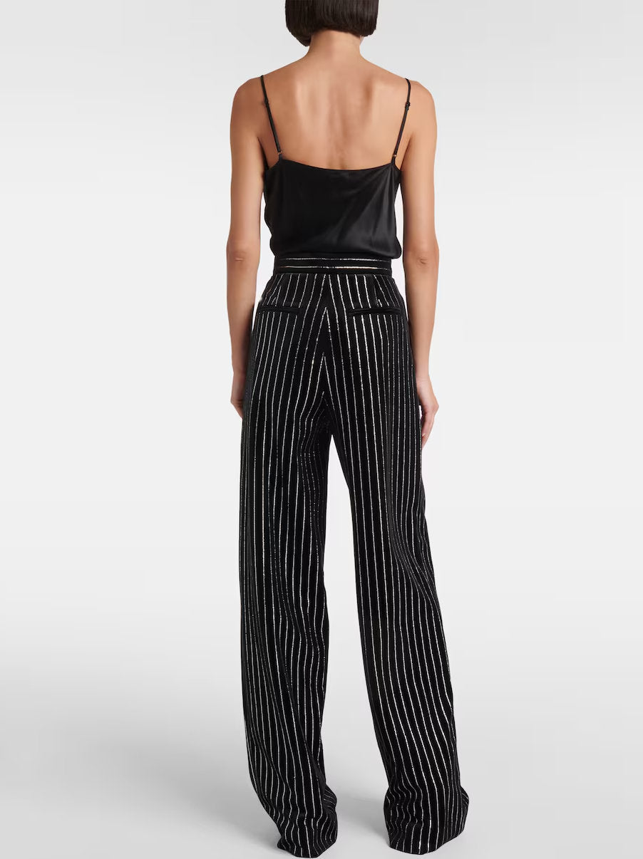 Crystal Pinstripe Black Velvet Straight Leg Pants - Jeans & Pants