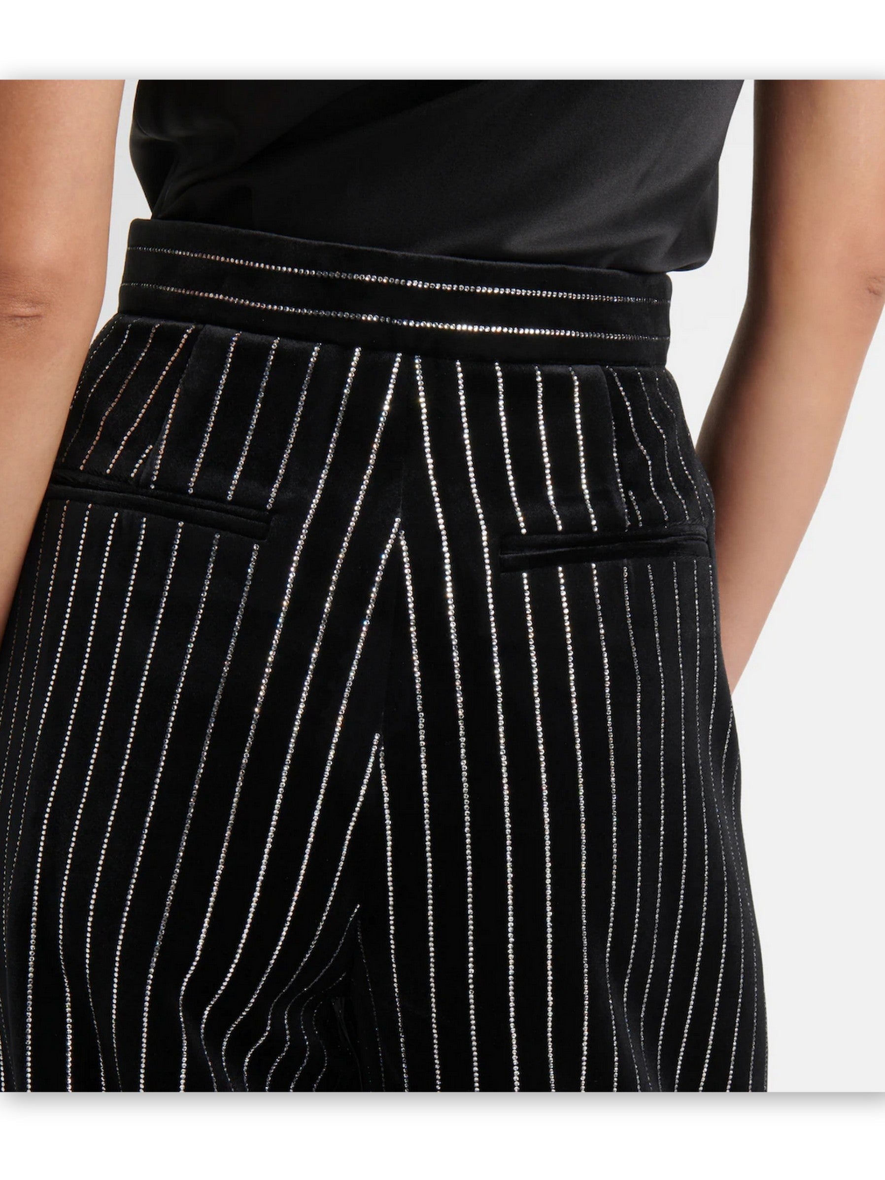 Crystal Pinstripe Black Velvet Straight Leg Pants - Jeans & Pants