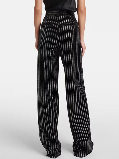 Crystal Pinstripe Black Velvet Straight Leg Pants - Jeans & Pants