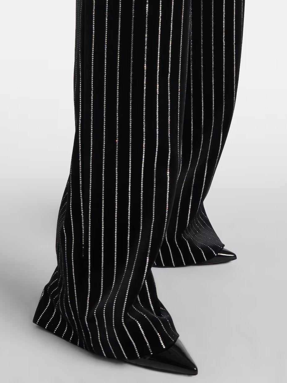 Crystal Pinstripe Black Velvet Straight Leg Pants - Jeans & Pants