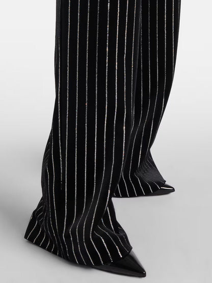 Crystal Pinstripe Black Velvet Straight Leg Pants - Jeans & Pants