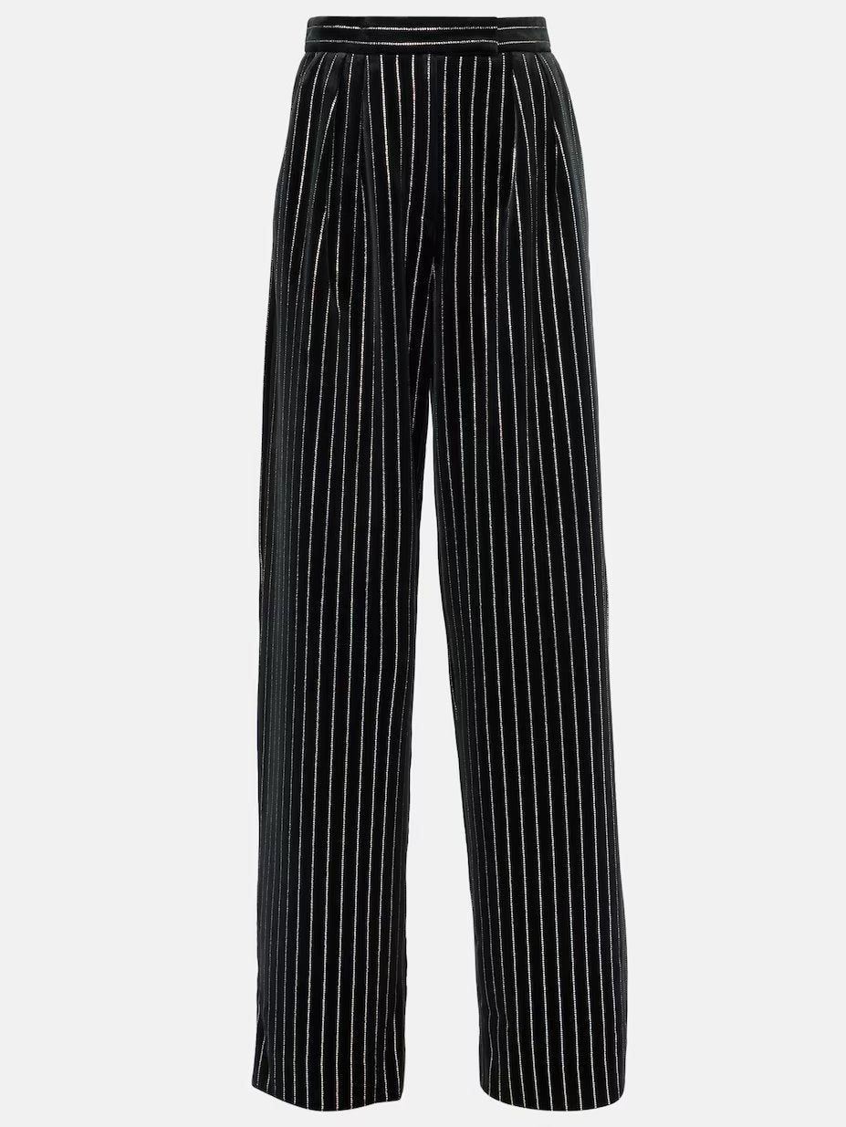 Crystal Pinstripe Black Velvet Straight Leg Pants - Jeans & Pants