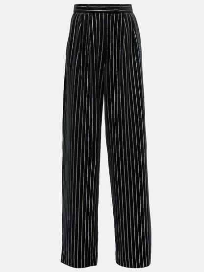 Crystal Pinstripe Black Velvet Straight Leg Pants - Jeans & Pants