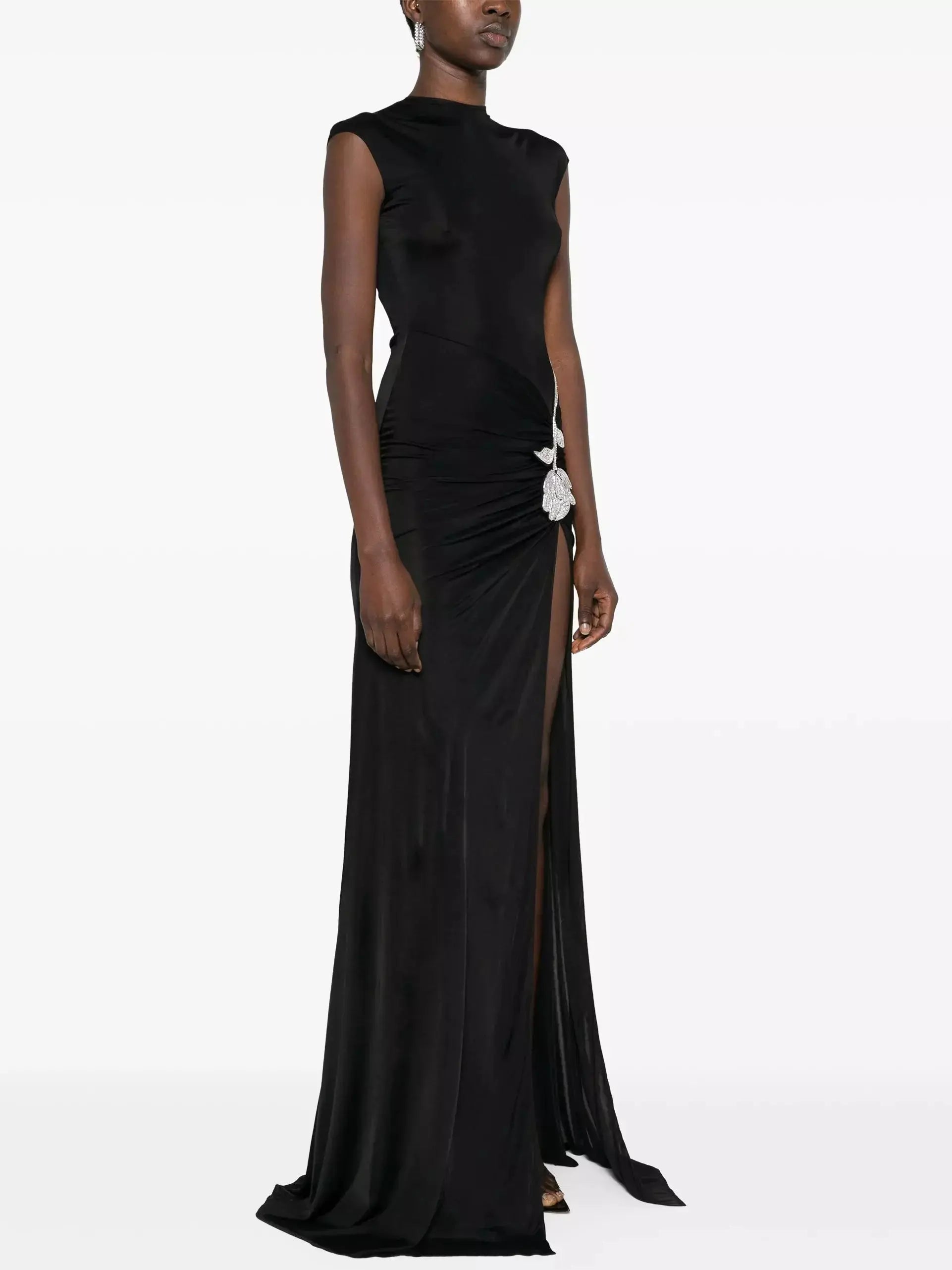 Crystal-Rose-Embellished Black Jersey Gown - Dresses