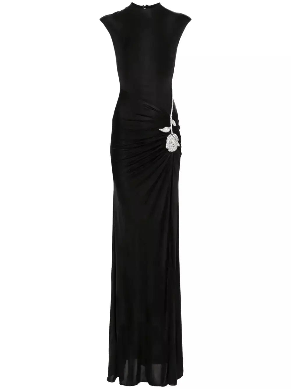 Crystal-Rose-Embellished Black Jersey Gown - Dresses