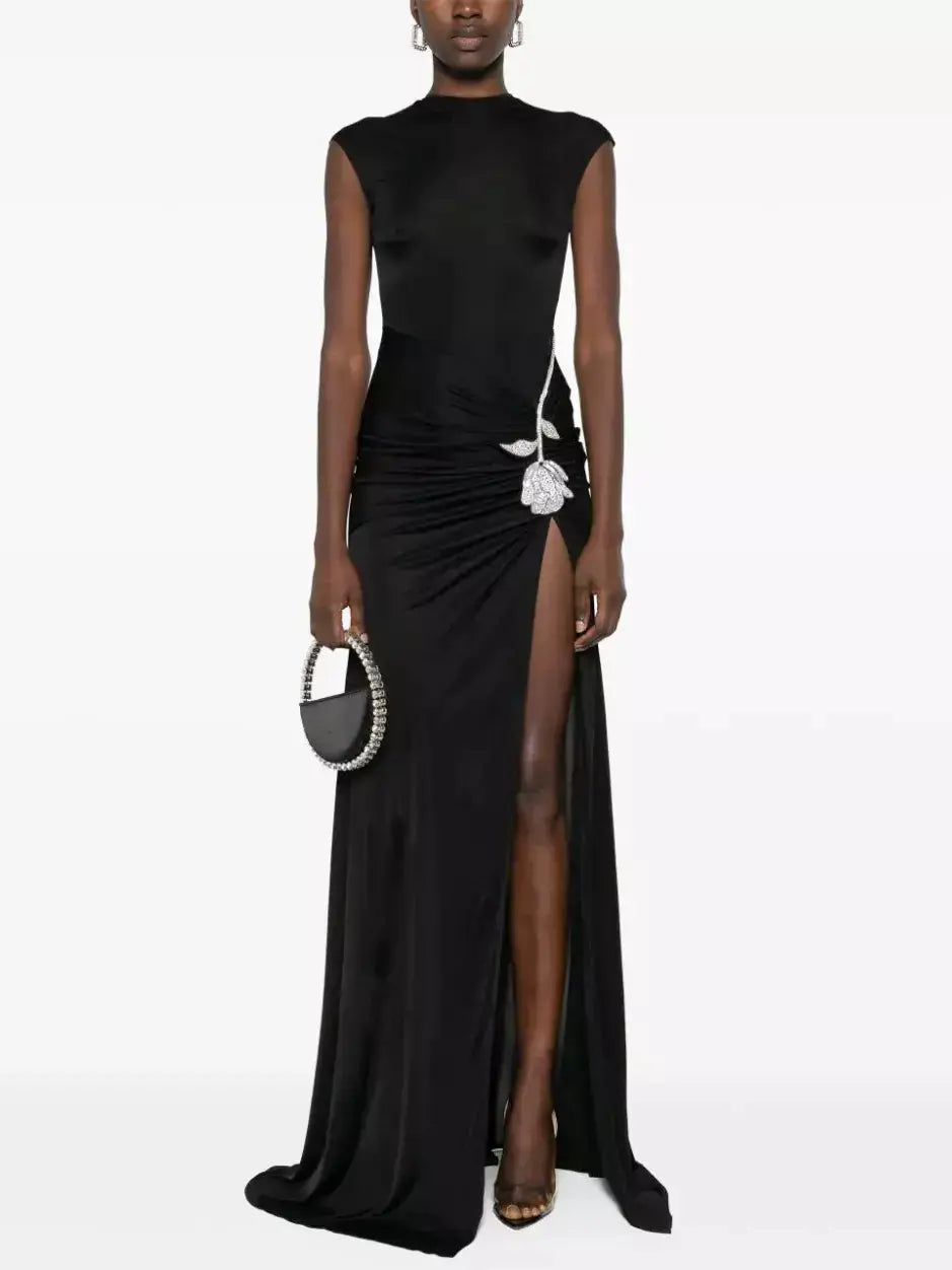 Crystal-Rose-Embellished Black Jersey Gown - Dresses