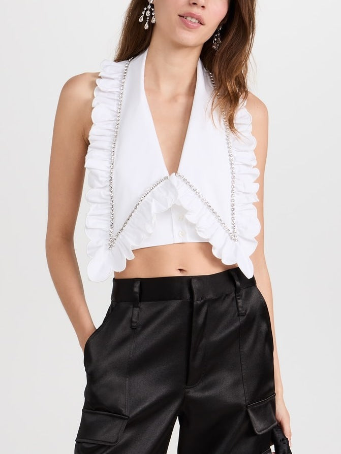 Crystal-Ruffled Oversize Collar Cropped Halter Top - Tops
