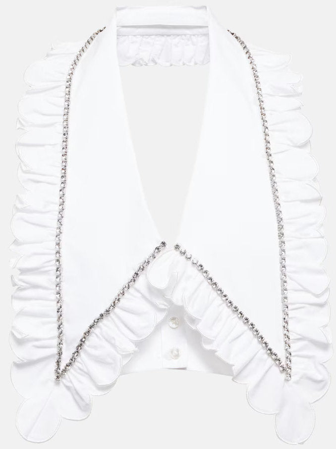 Crystal-Ruffled Oversize Collar Cropped Halter Top - Tops