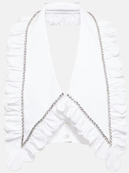 Crystal-Ruffled Oversize Collar Cropped Halter Top - Tops