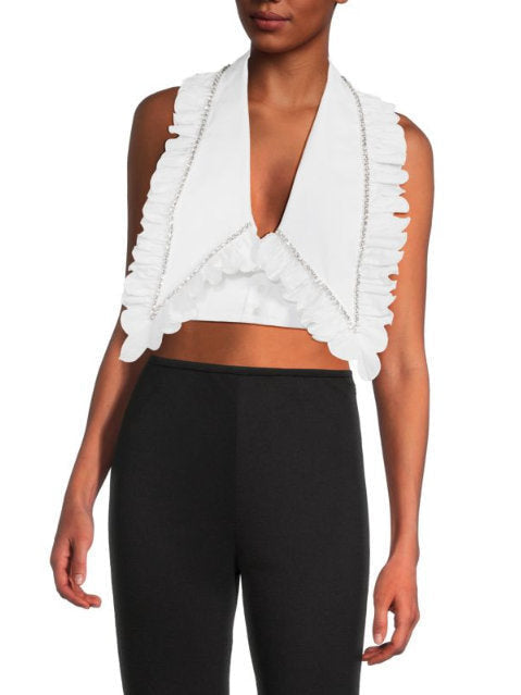 Crystal-Ruffled Oversize Collar Cropped Halter Top - Tops