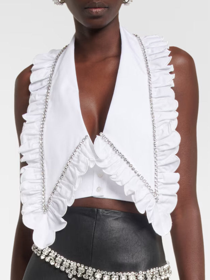 Crystal-Ruffled Oversize Collar Cropped Halter Top - Tops