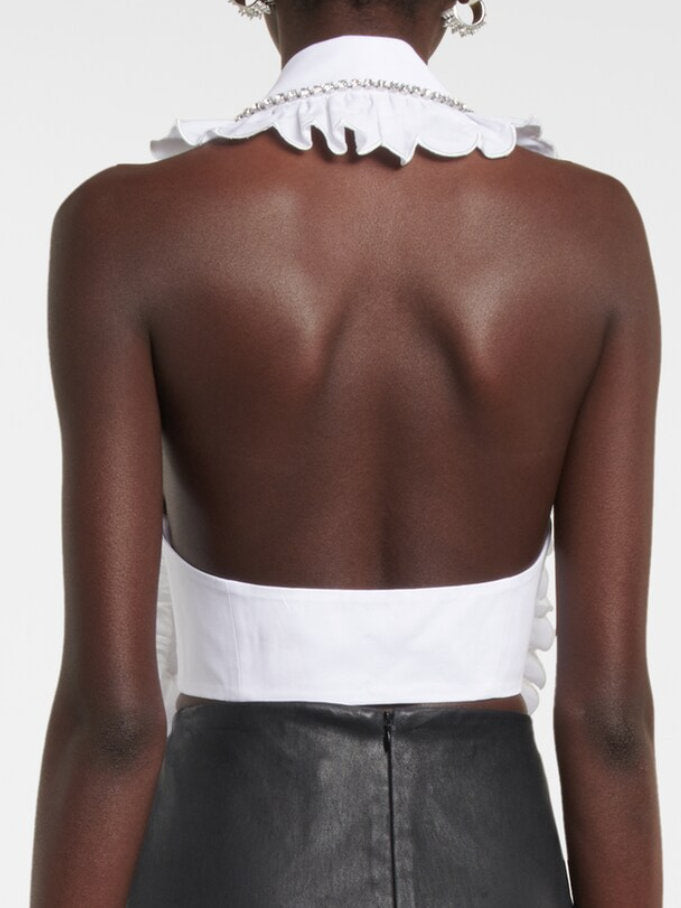 Crystal-Ruffled Oversize Collar Cropped Halter Top - Tops
