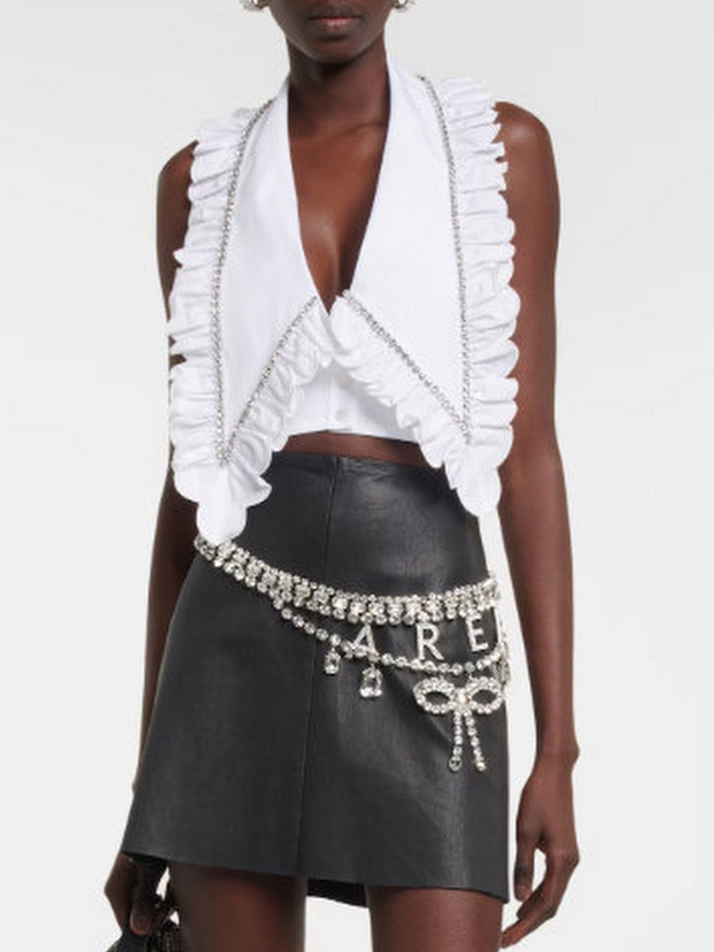 Crystal-Ruffled Oversize Collar Cropped Halter Top - Tops