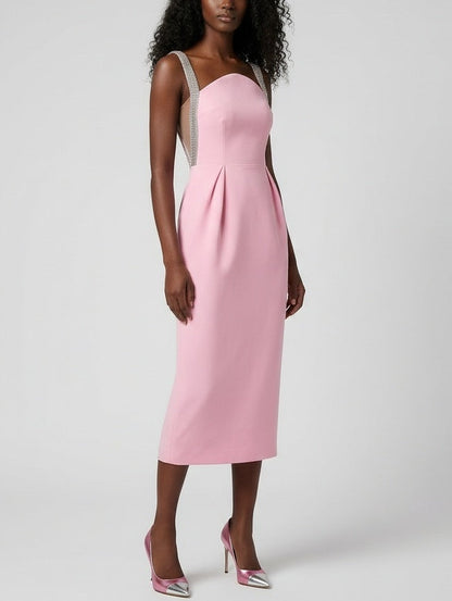 Crystal-Strap Pink Midi Dress - Dresses