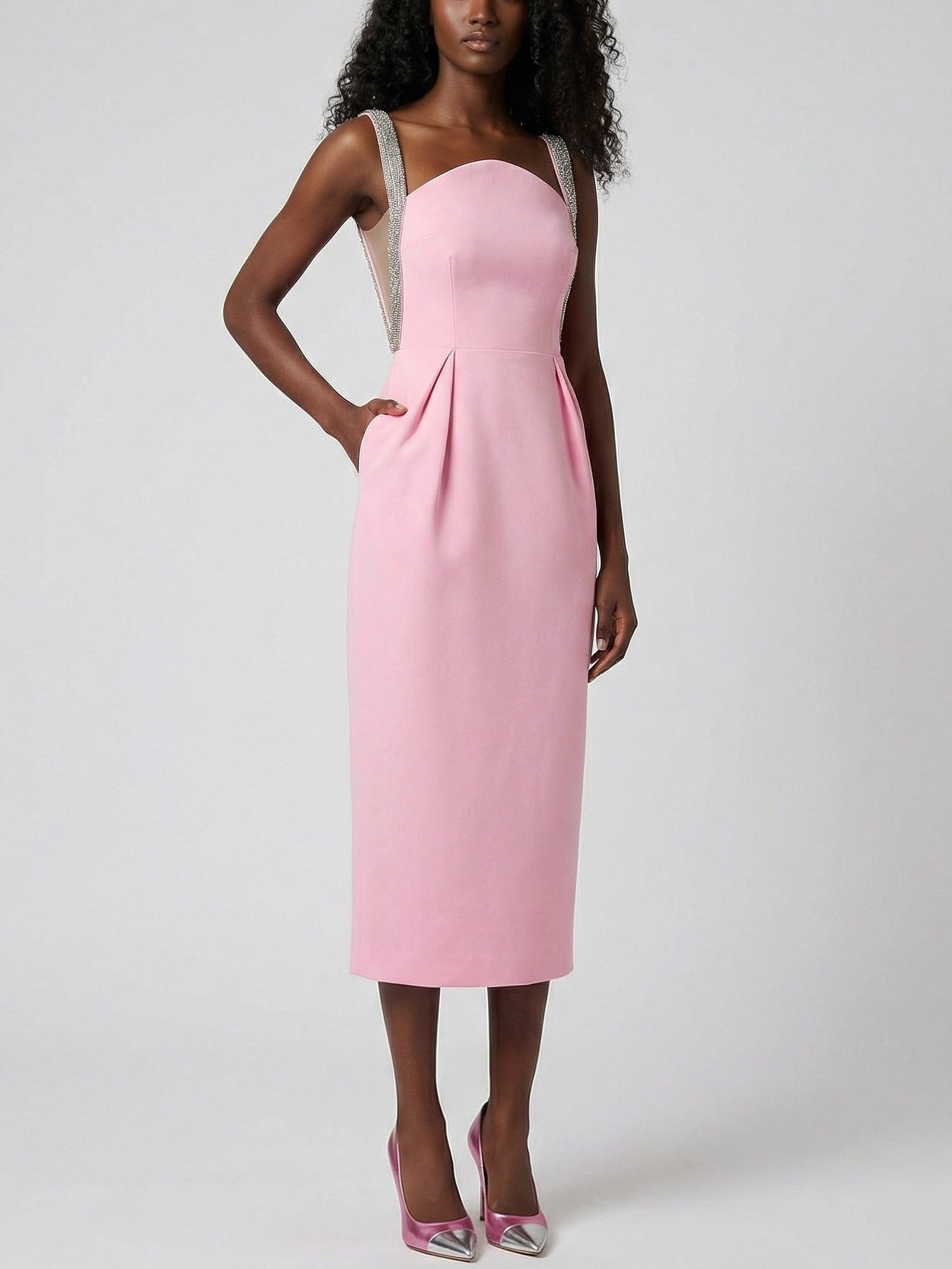 Crystal-Strap Pink Midi Dress - Dresses