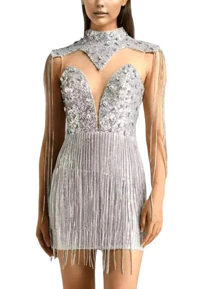 Crystal-Tassel Sequined Mesh Mini Dress - Small - Dresses