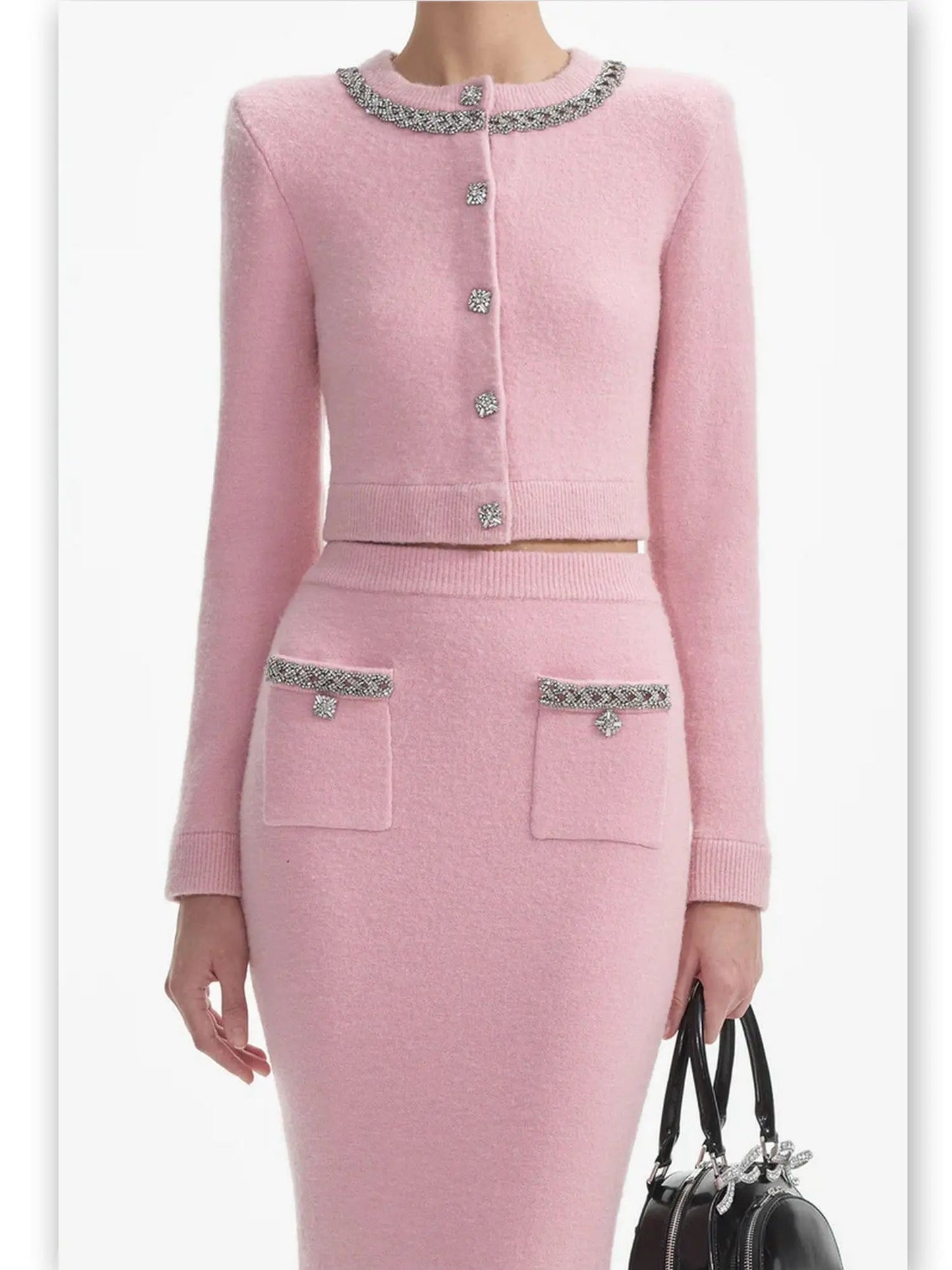 Crystal Trim Pink Knit Cardigan Skirt Set - Suits & Sets