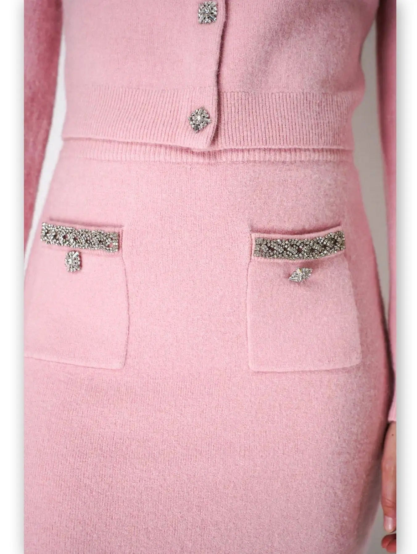 Crystal Trim Pink Knit Cardigan Skirt Set - Suits & Sets